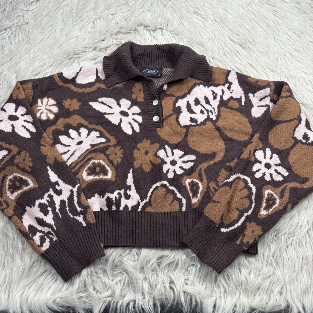 Cider Women's XL Brown Retro Floral Cropped Polo Sweater Dopamine Whimsy 70's